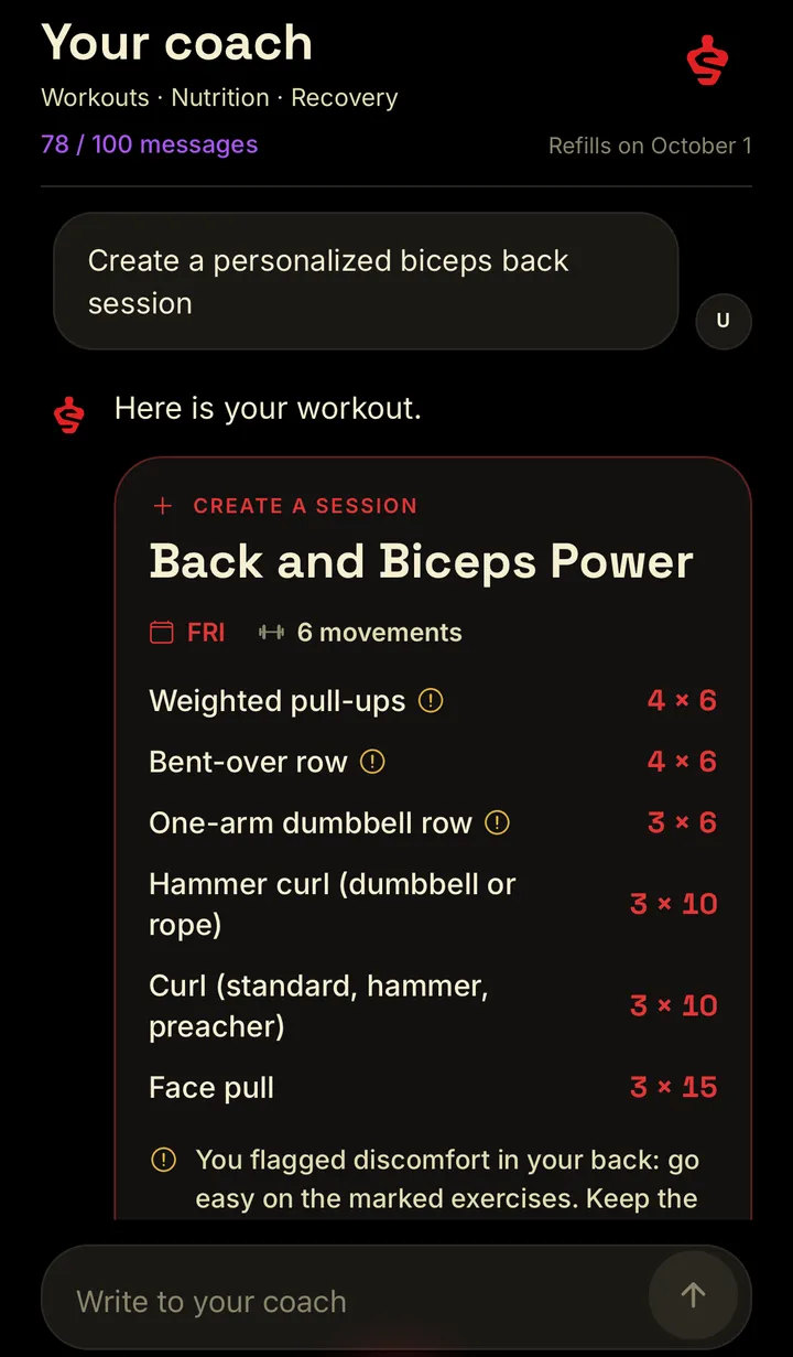 Stance AI coach building a workout