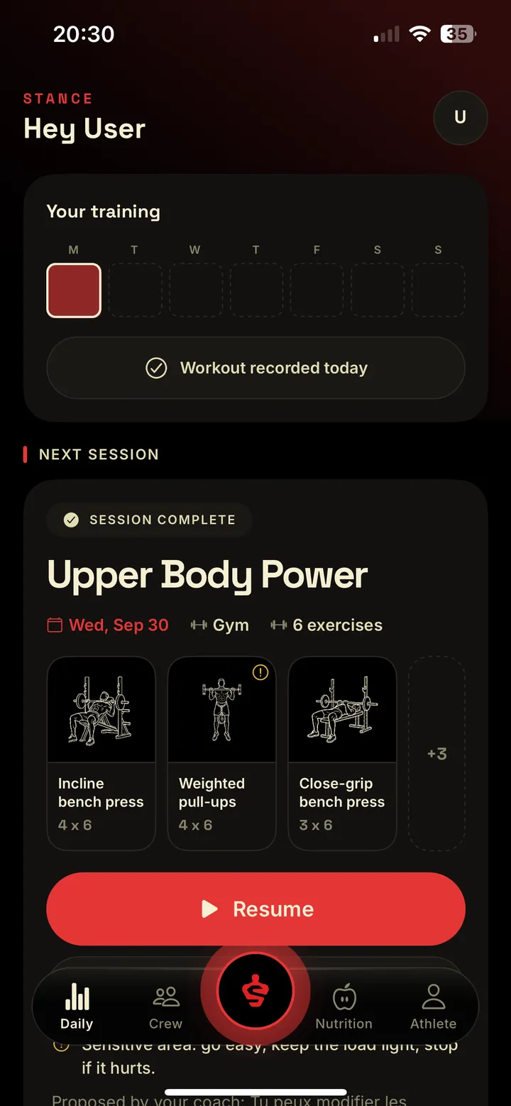 Stance Daily screen with the weekly training rhythm