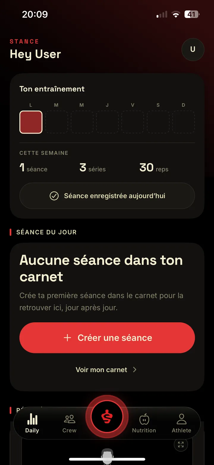 Écran Daily de Stance avec le rythme d'entraînement de la semaine