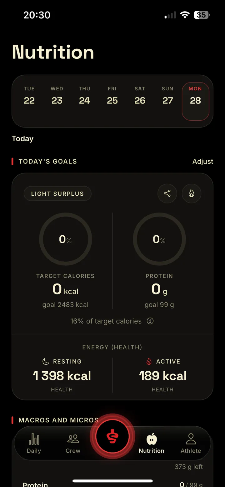 Stance nutrition dashboard with daily targets