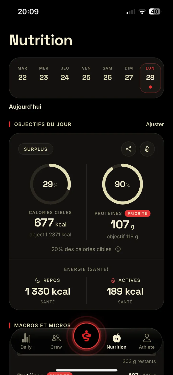 Tableau nutrition de Stance avec les objectifs du jour
