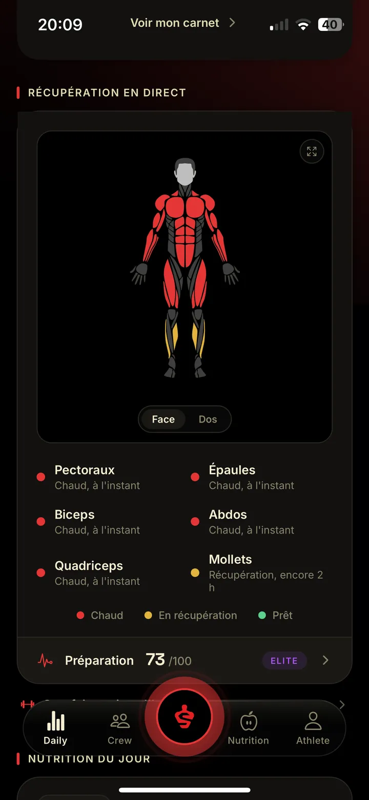 Carte de récupération musculaire en direct de Stance